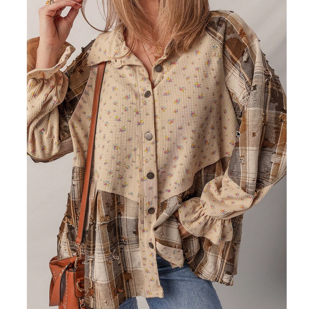 Boho Floral Plaid print Button Distressed Loose Fit Top
